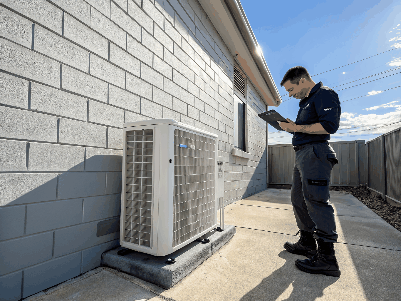 HVAC technician diagnosing residential air conditioning unit