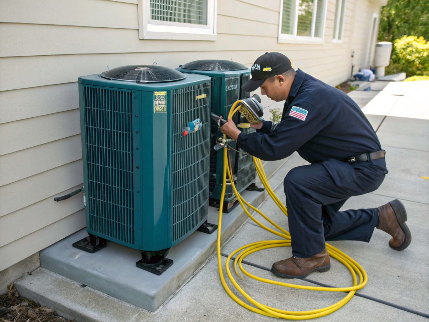 Technician using manifold gauges on central AC system