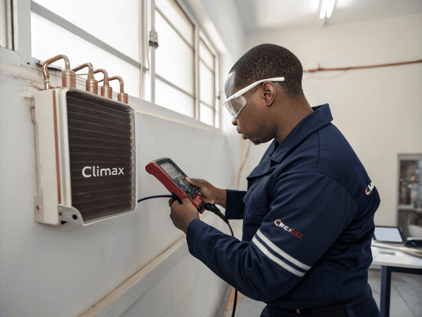 HVAC specialist inspecting outdoor ductless mini-split unit