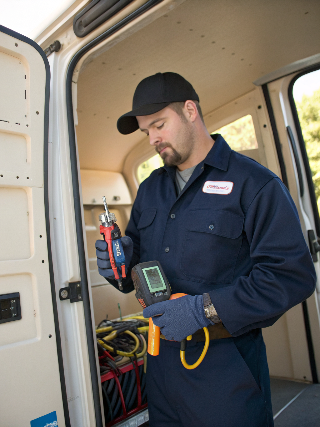 Fully stocked HVAC service van parked in a Marietta residential driveway with tools and parts ready