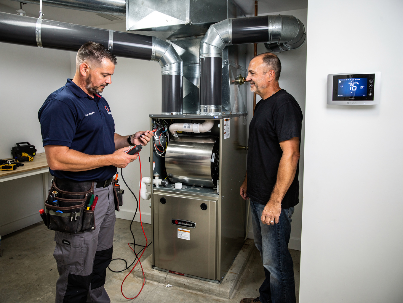 Brand new energy-efficient furnace unit installed in basement