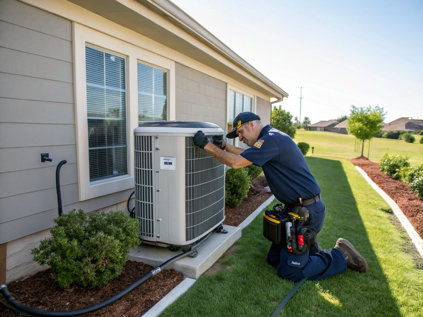 Certified technician servicing outdoor heat pump system