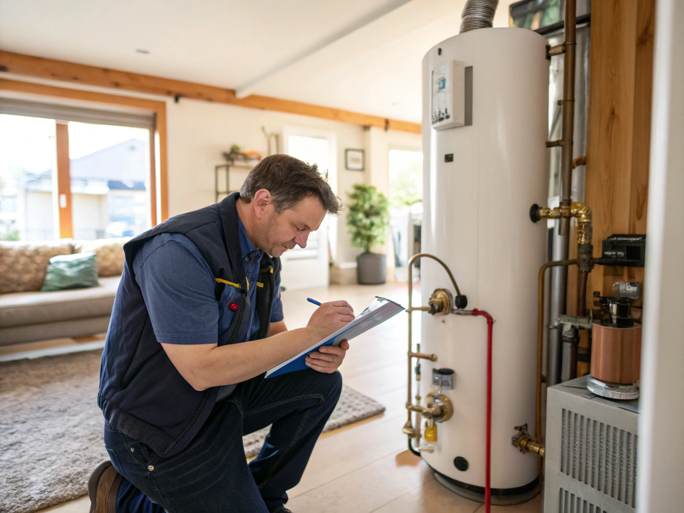 Technician testing newly replaced heating system thermostat and air balance