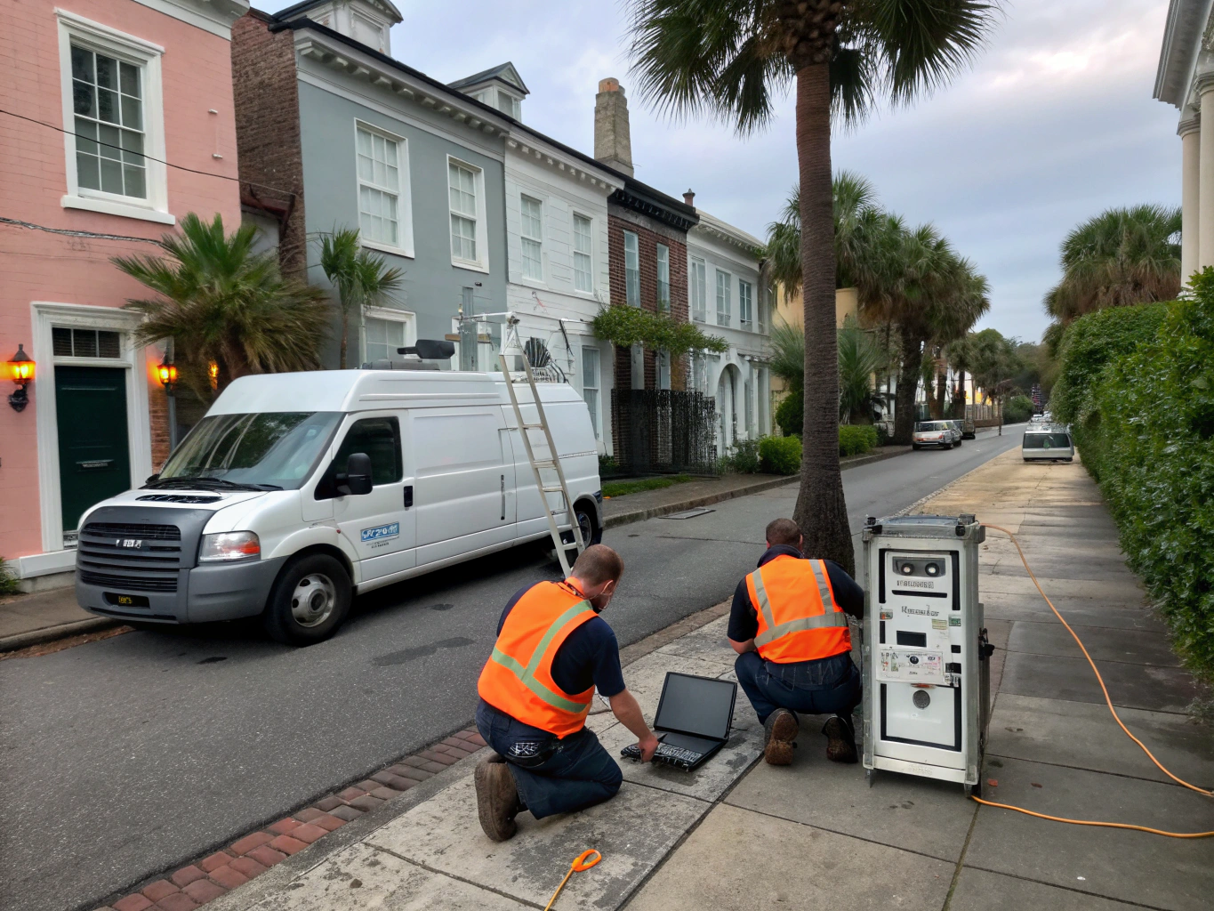 Technicians installing energy-efficient central heating and cooling unit