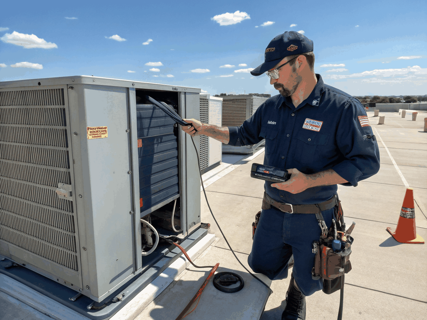 Certified HVAC specialist inspecting internal electrical wiring and air filter