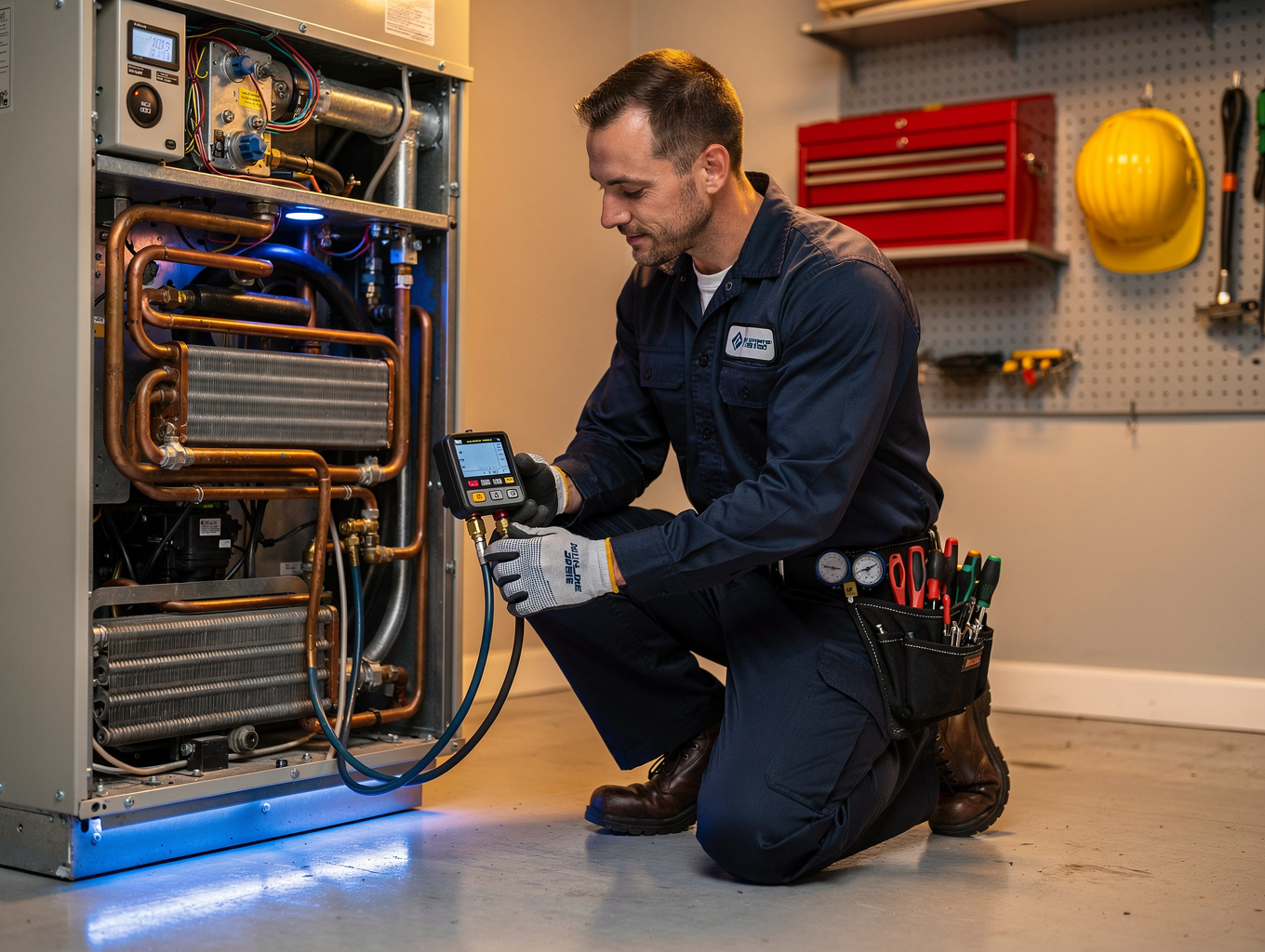 HVAC technician diagnosing outdoor condenser unit with digital gauges