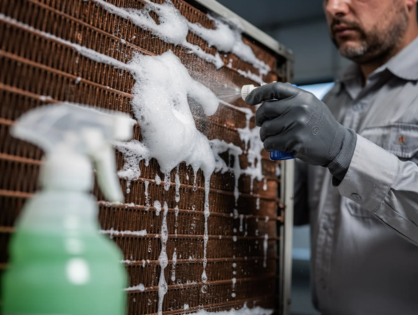Technician performing precision seasonal tune-up and condenser cleaning