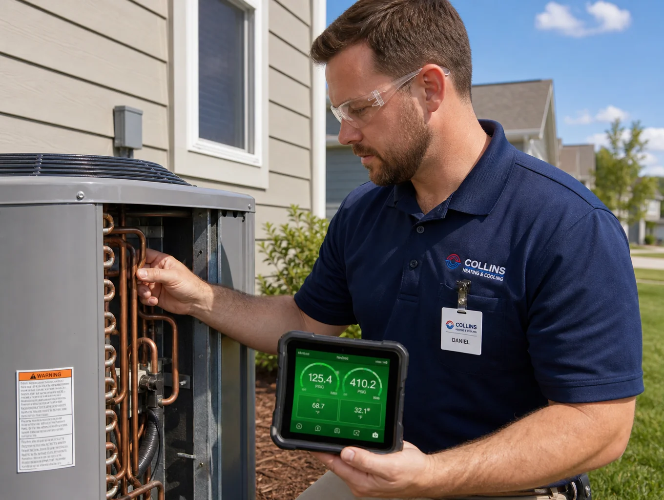 Certified HVAC technician inspecting outdoor AC condenser unit with diagnostic gauges
