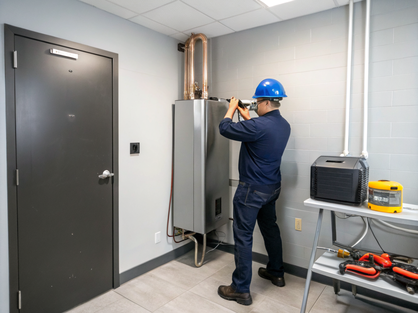 Certified HVAC technician inspecting a residential gas furnace and safety components
