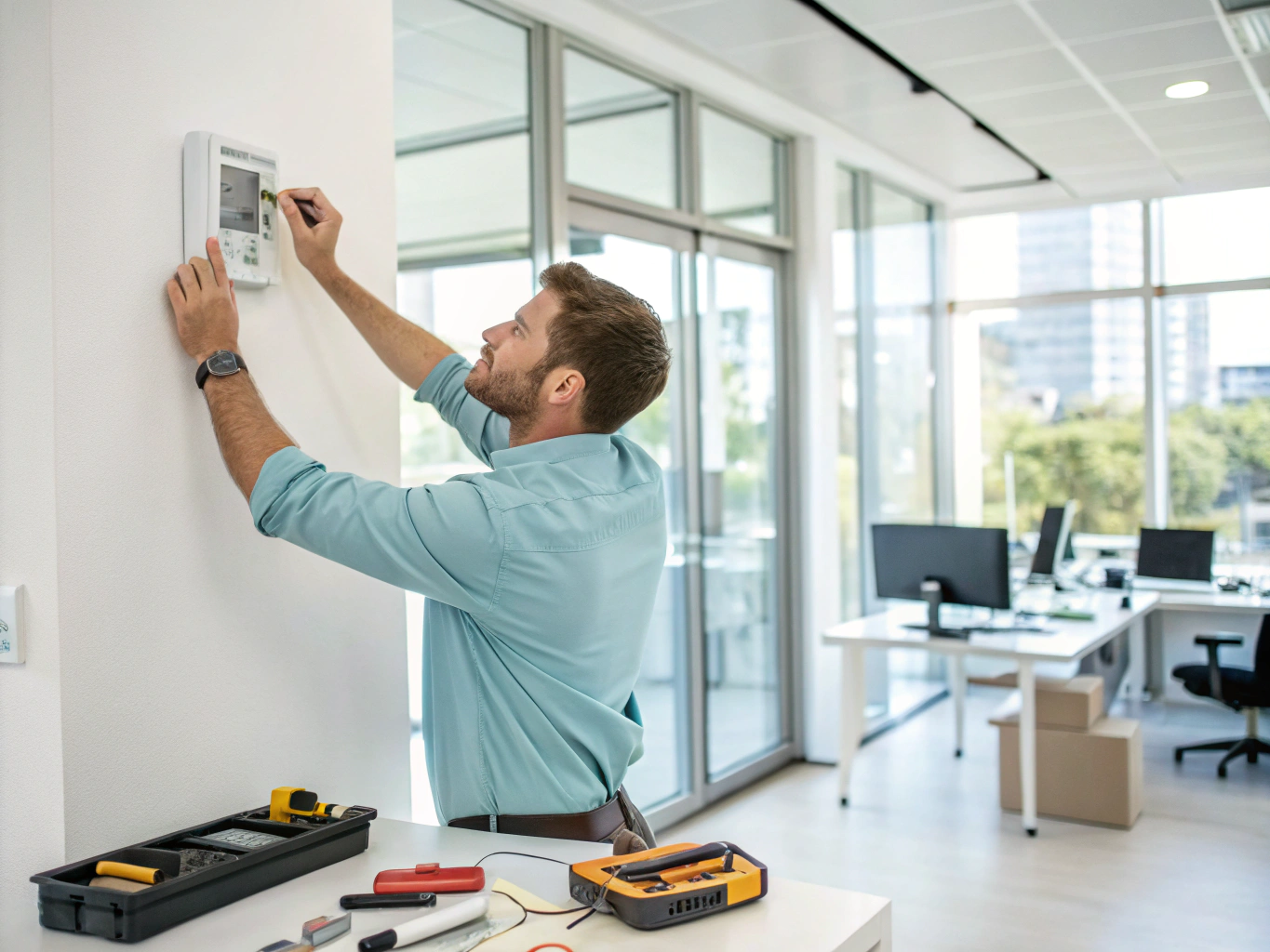 Specialist configuring modern digital programmable wall thermostat