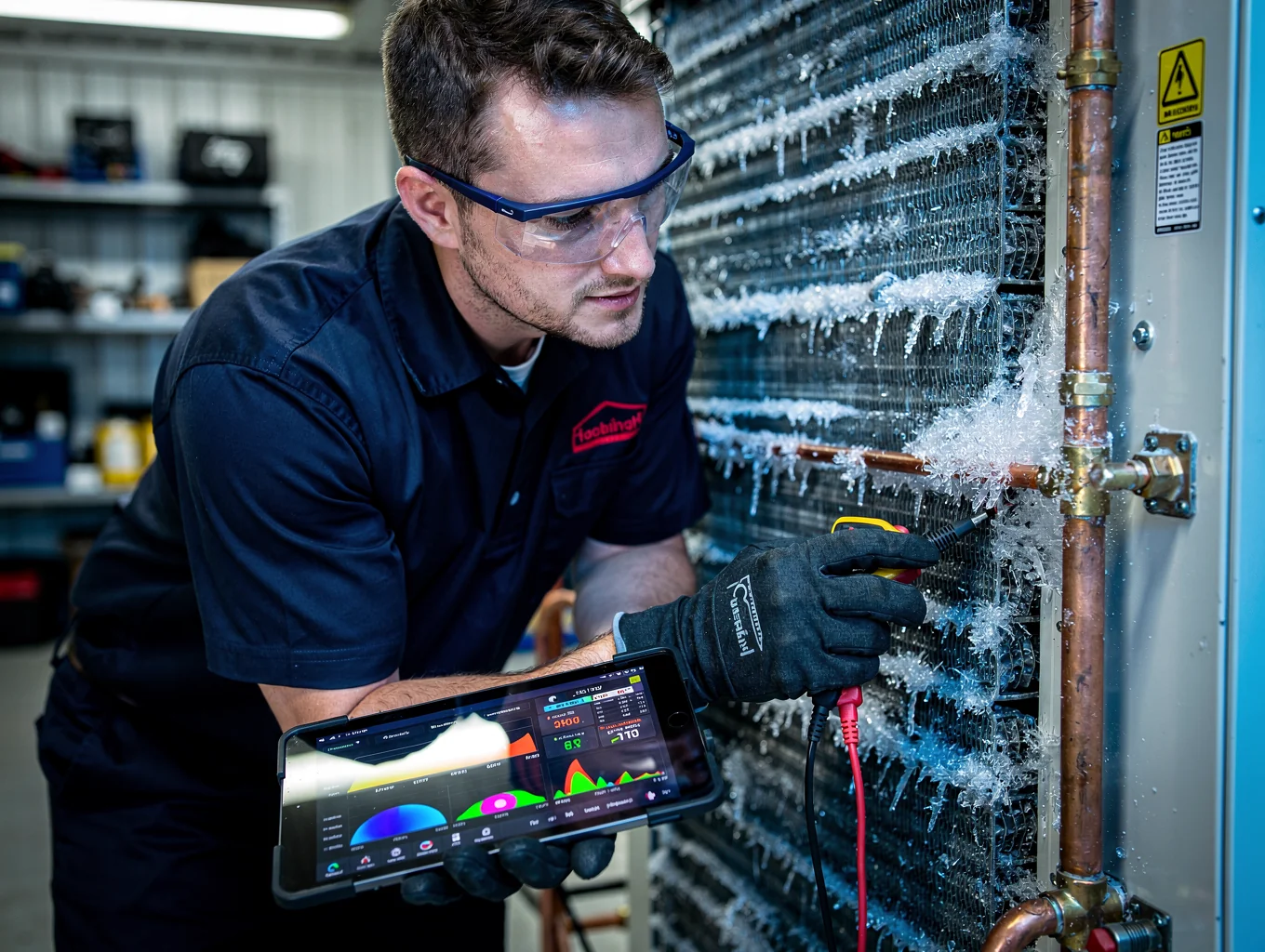 HVAC technician measuring pressure levels on air conditioning system