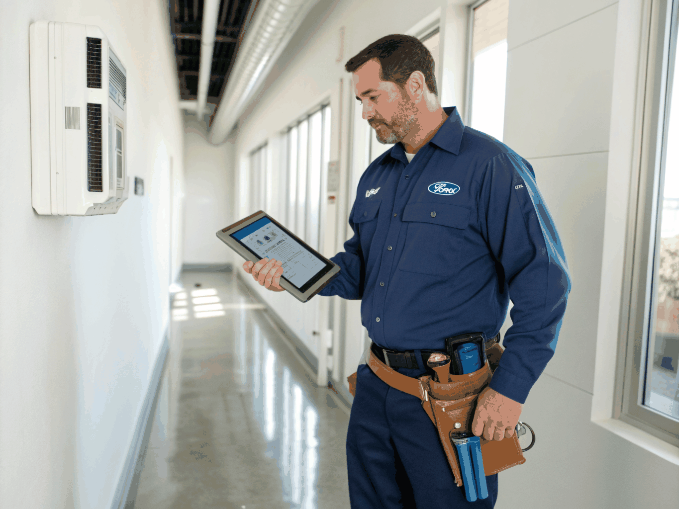 HVAC technician inspecting mini-split air handler electronics