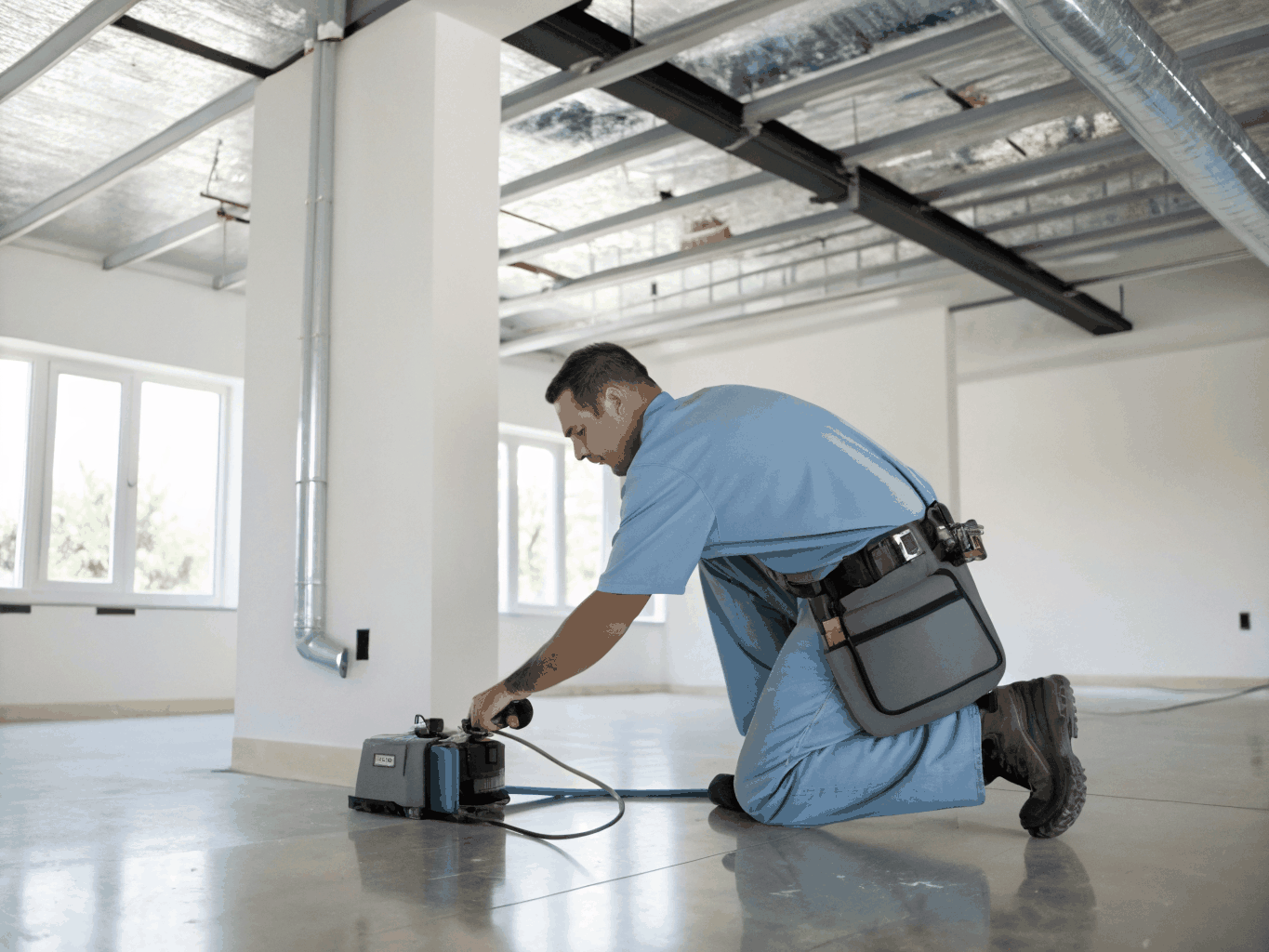 HVAC technician installing insulated sheet metal ductwork in home ceiling