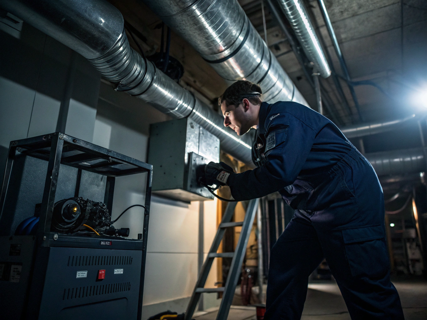 HVAC technician inspecting flexible ductwork in a Marietta crawlspace