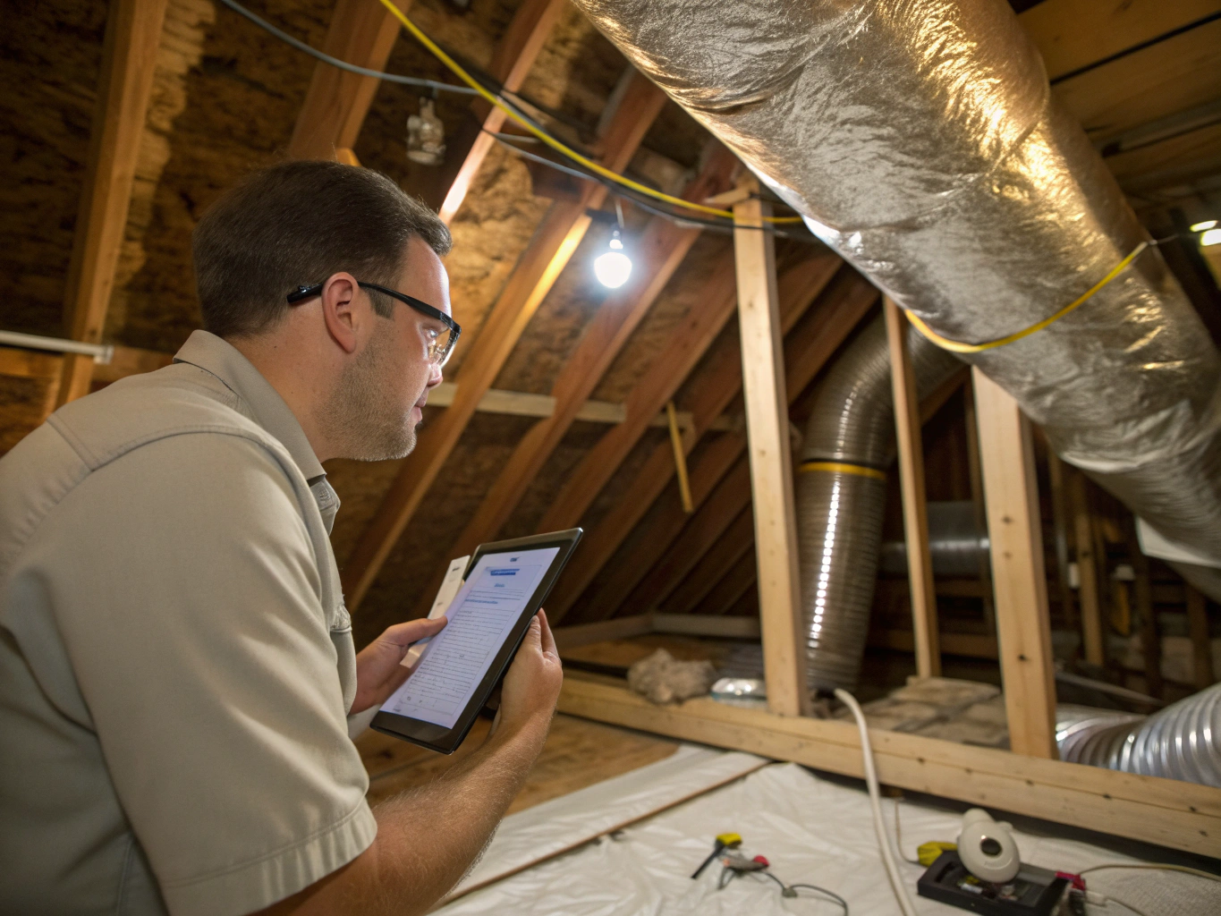 Technician inspecting ductwork insulation in home attic