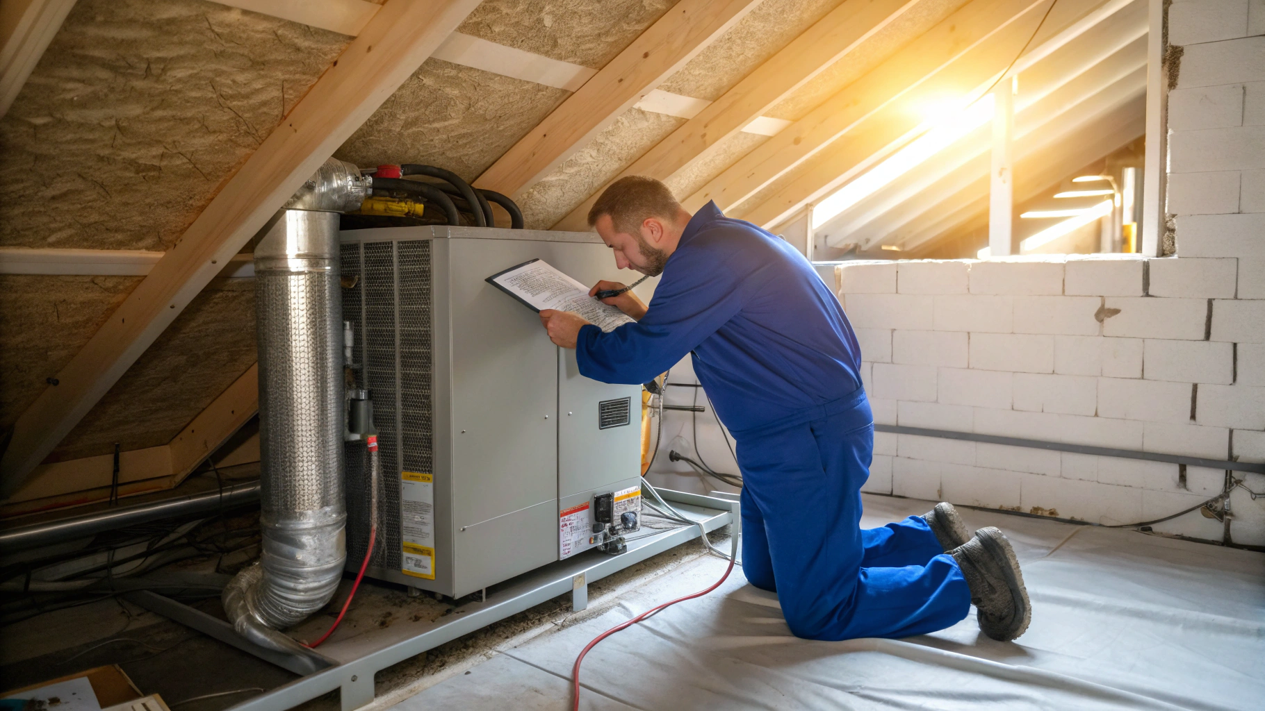 Professional technician inspecting a modern high-efficiency home heating system