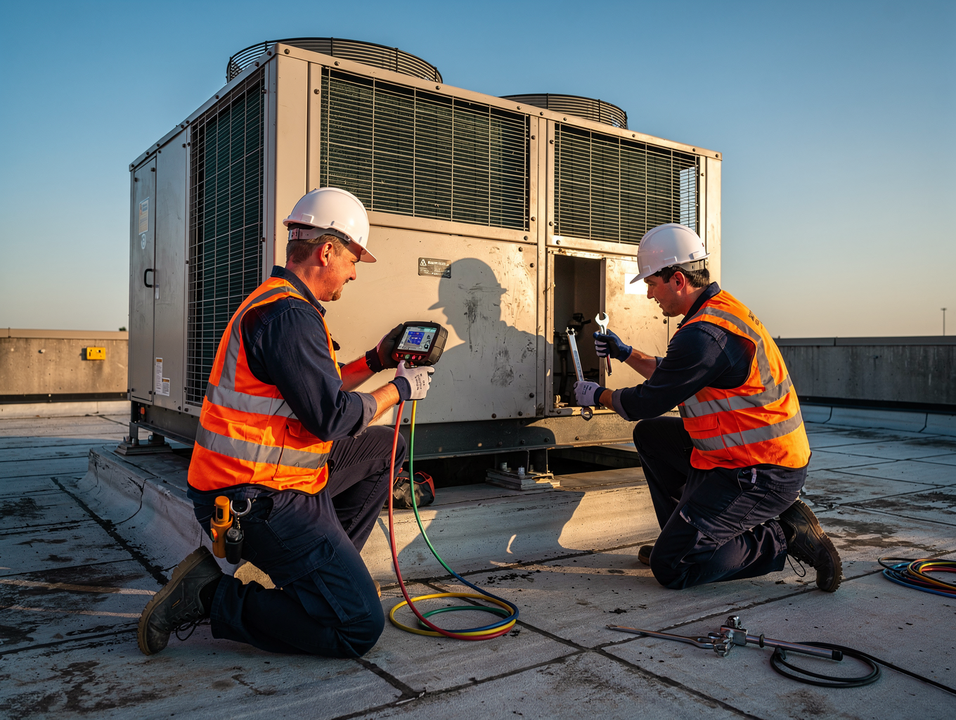 HVAC installation technician fitting new outdoor air conditioning unit in Marietta home