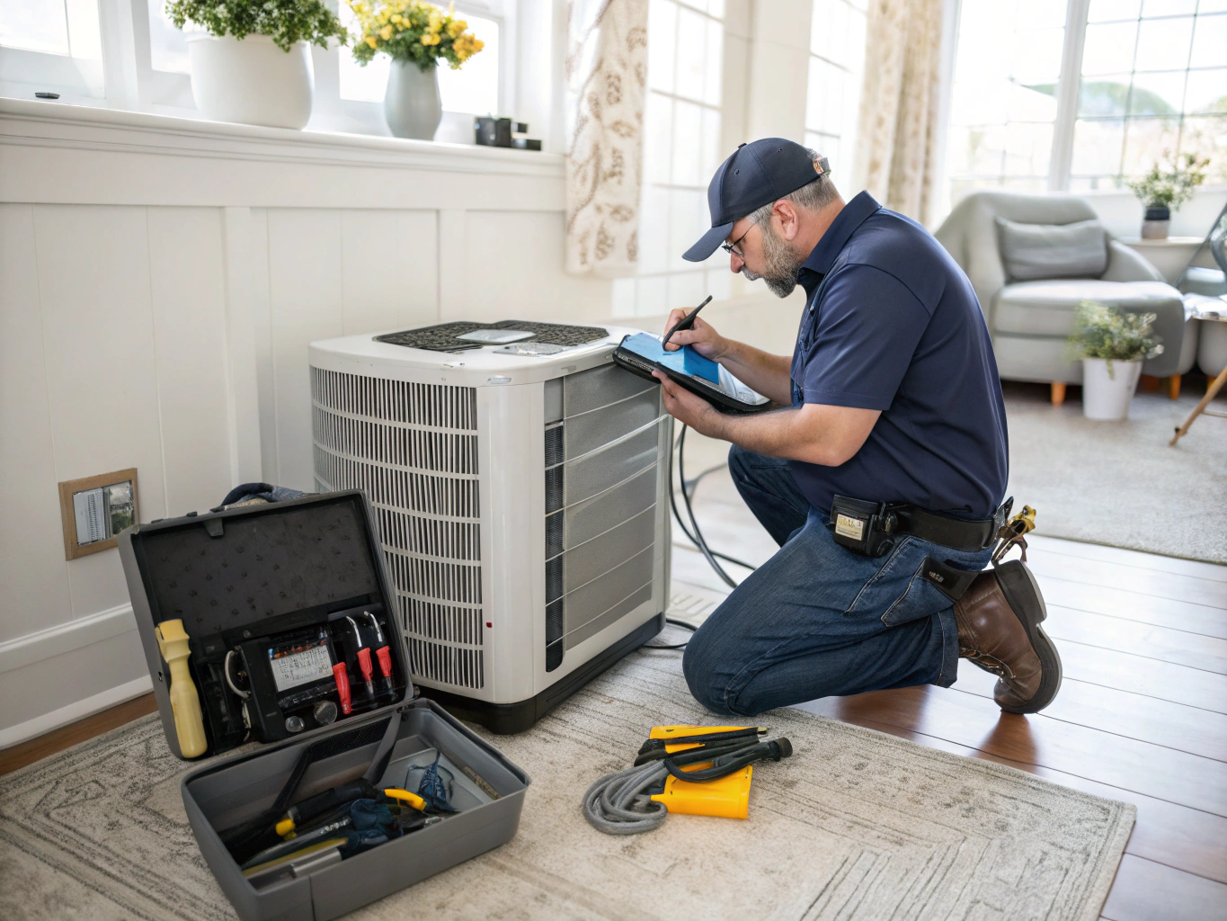 HVAC technician performing maintenance on residential system in Marietta