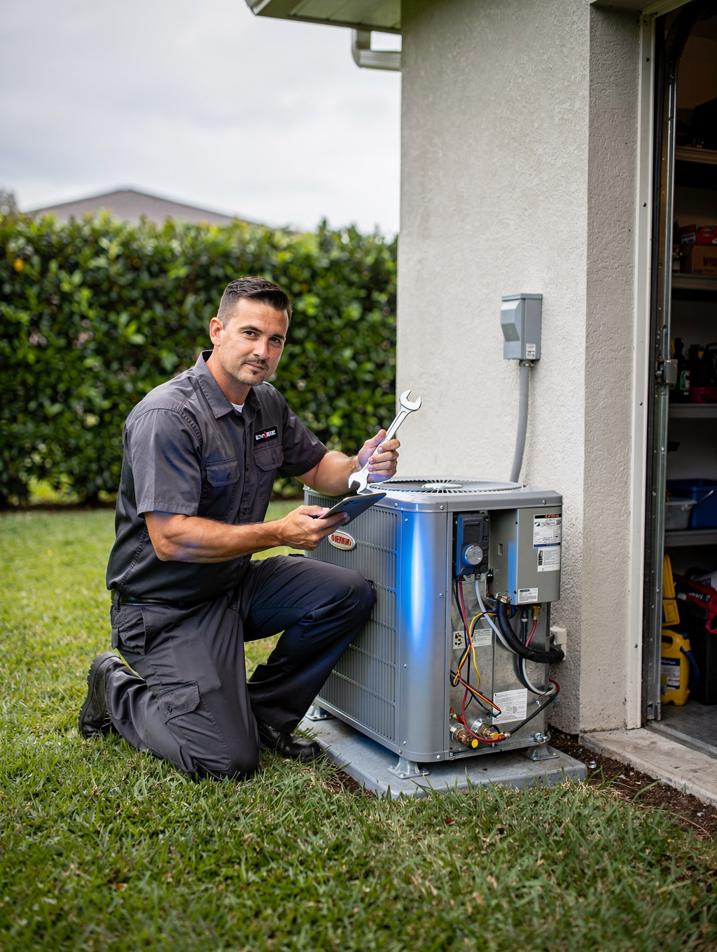 HVAC technician servicing home air conditioning unit in Roswell