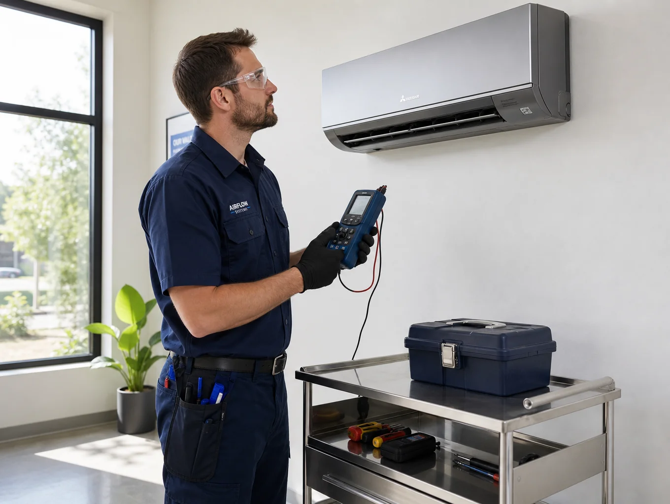 HVAC technician inspecting multi-zone control panel in a Marietta home