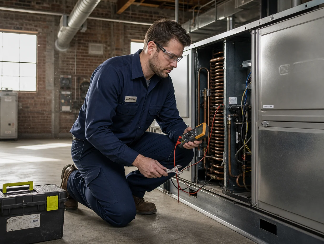 Certified HVAC technician servicing air conditioning unit in Kennesaw GA
