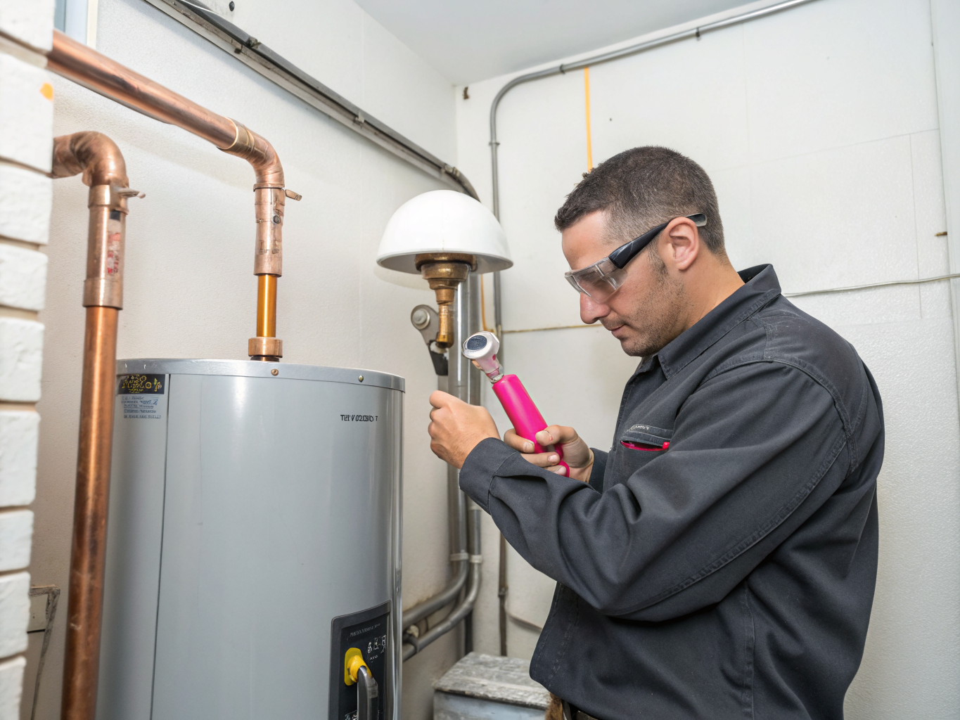 Technician inspecting a gas furnace unit in a residential basement