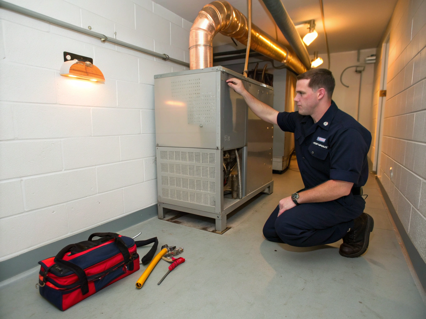 HVAC technician inspecting thermostat wiring